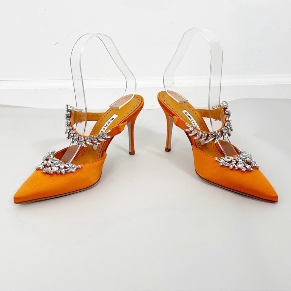Manolo Blahnik Orange Lurum Crystal Satin Mules Heel - Picture 6 of 10